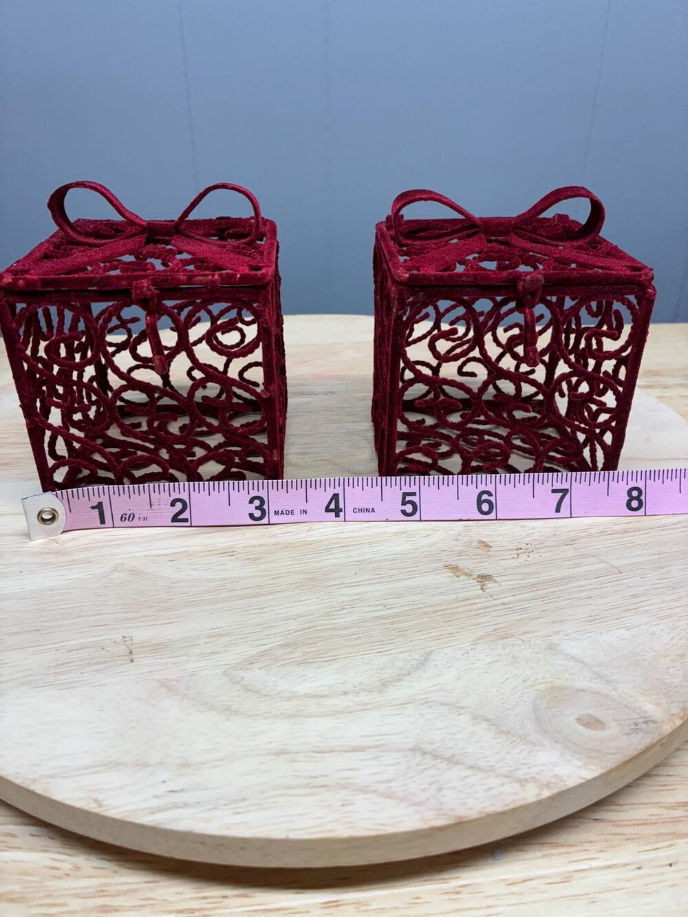 Pair of Red Velvet Gift Box Ornaments | Flocked Metal Filigree Boxes with Bows